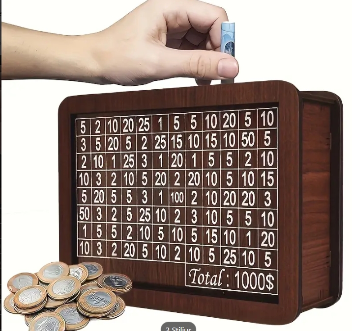 1 vnt. Klasikinė medinė pinigų taupyklė,-1000eur, Rankų darbo stalviršio dekoras su skaičiavimo taikiniu, Tinka taupymo planui, Retro medinė monetų dėžutė, Namų finansų valdymo įrankis, Saugojimo dėžės namų organizavimui