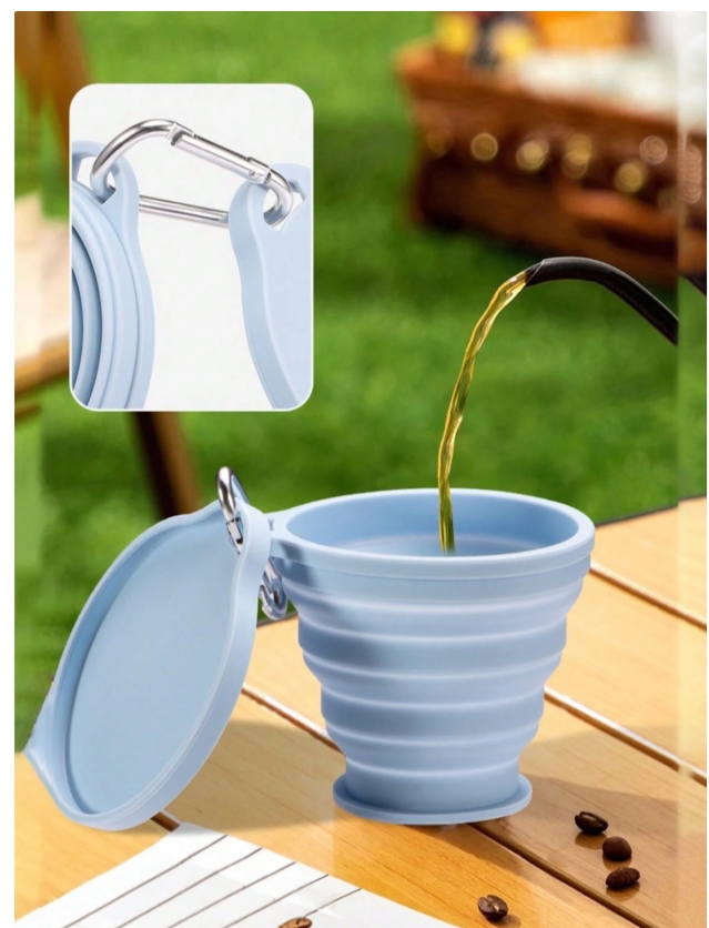 Kelioninis, silikoninis, sulankstomas, prisegamas MĖLYNAS puodukas